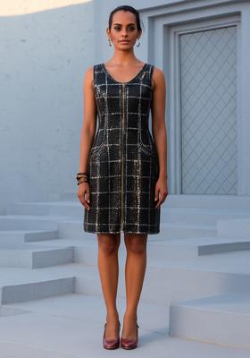 Black Sequin Embroidered Denim Dress