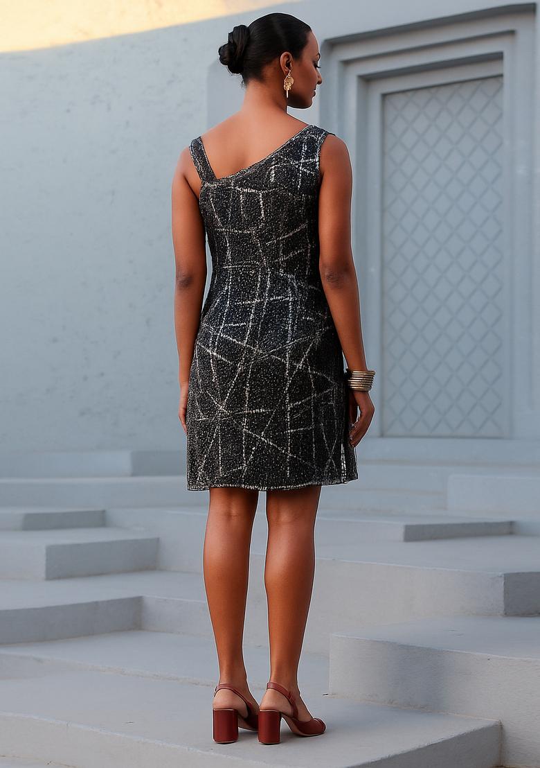 Black Sequin Embroidered Denim Dress - Indya