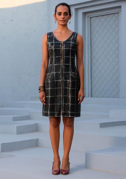 Black Sequin Embroidered Denim Dress