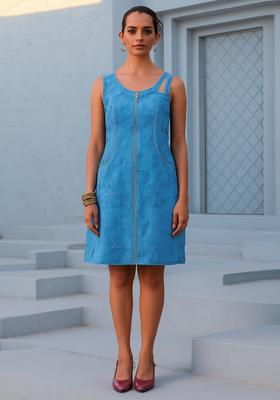 Blue Sequin Embroidered Denim Dress