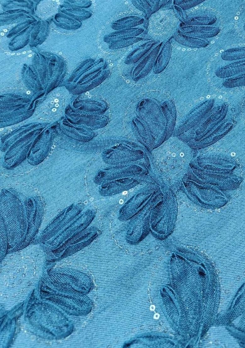 Blue Sequin Embroidered Denim Dress - Indya