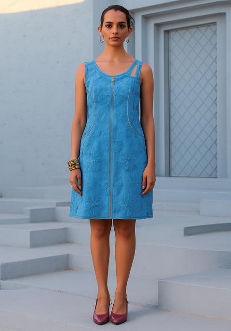 Blue Sequin Embroidered Denim Dress