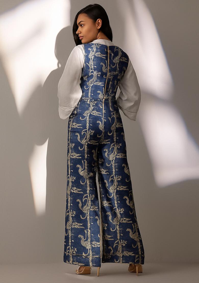 Dark Blue Embroidered Denim Dress - Indya