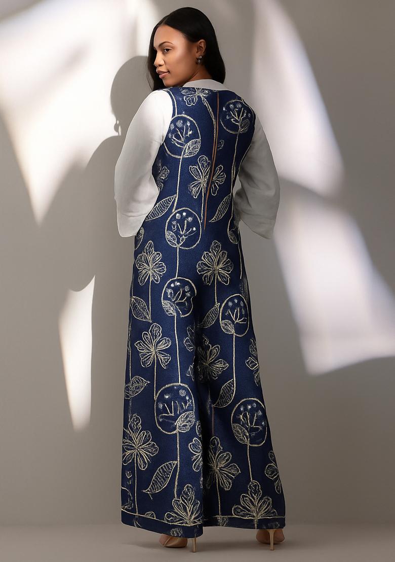 Dark Blue Embroidered Denim Dress - Indya