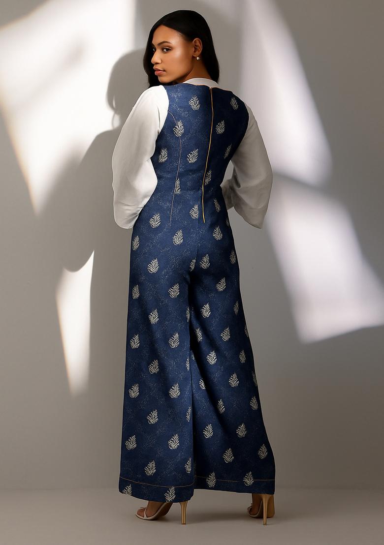 Dark Blue Embroidered Denim Dress - Indya