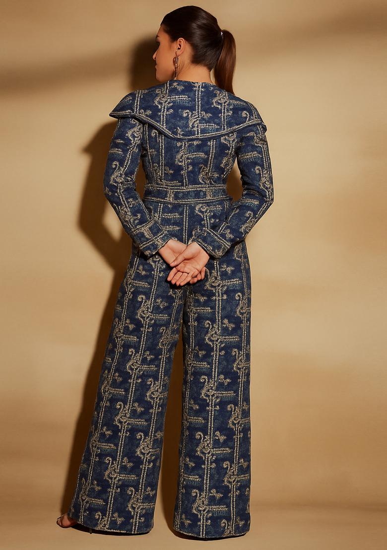 Dark Blue Embroidered Denim Co-Ord Set - Indya
