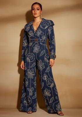 Dark Blue Embroidered Denim Co-Ord Set