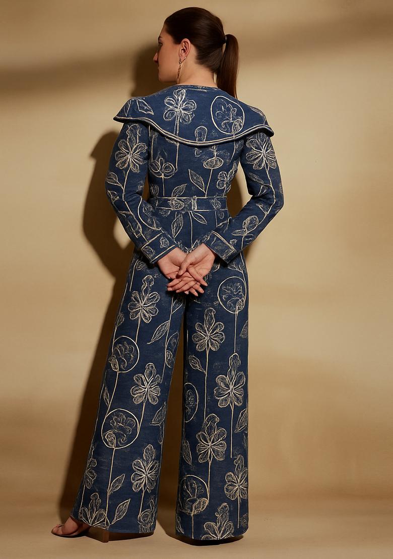 Dark Blue Embroidered Denim Co-Ord Set - Indya