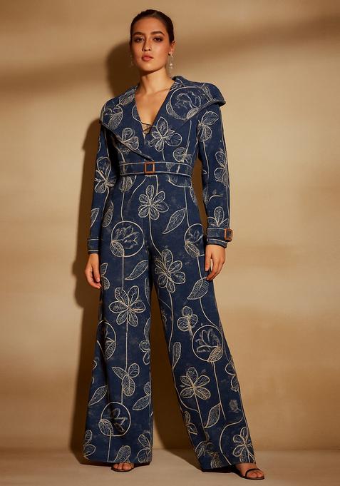 Dark Blue Embroidered Denim Co-Ord Set