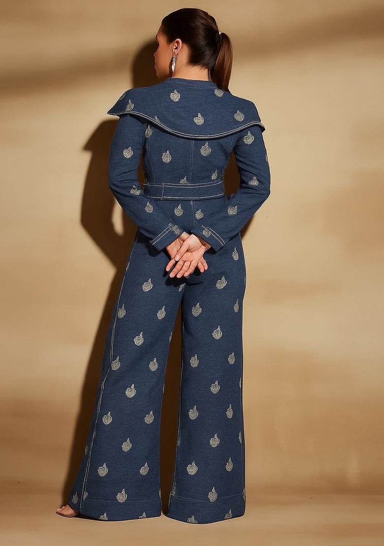 Dark Blue Embroidered Denim Co-Ord Set - Indya