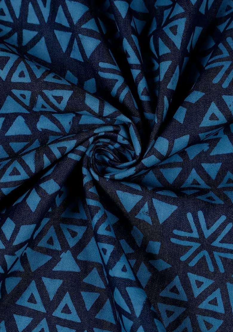 Dark Blue Printed Denim Dress - Indya