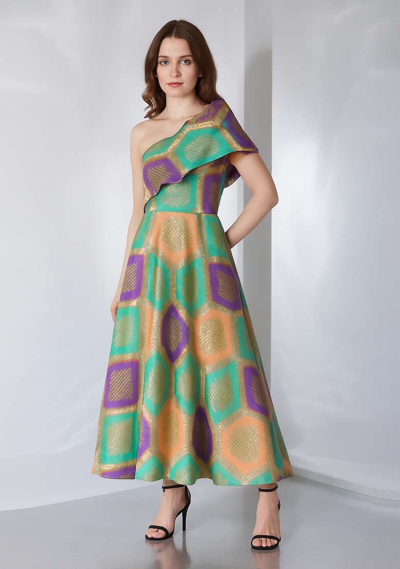 Multicolor Embroidered Brocade Dress - Indya