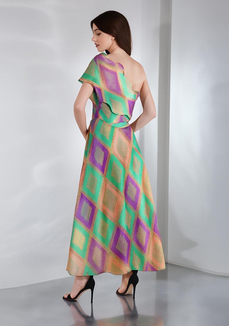 Multicolor Embroidered Brocade Dress - Indya