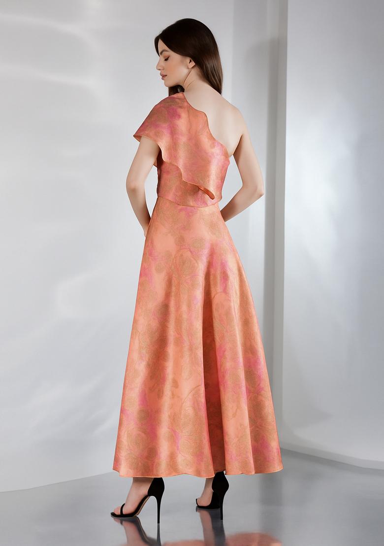 Peach Embroidered Brocade Dress - Indya