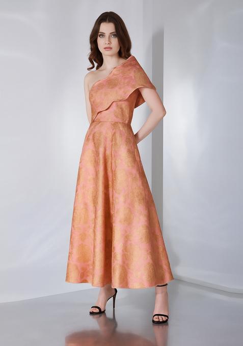 Peach Embroidered Brocade Dress