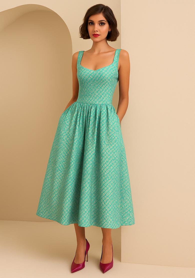 Green Embroidered Brocade Dress