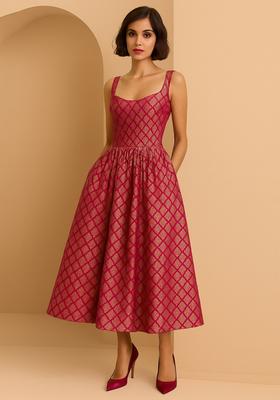 Hot Pink Embroidered Brocade Dress