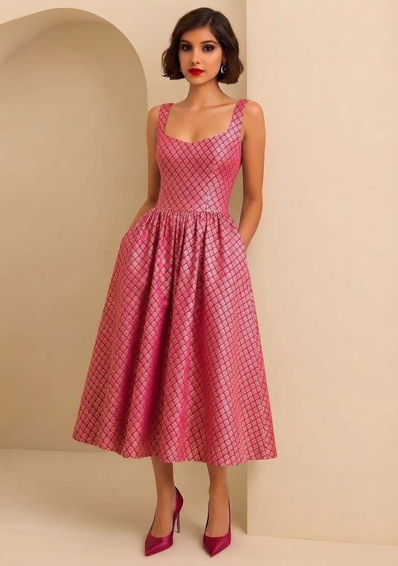 Hot Pink Embroidered Brocade Dress - Indya
