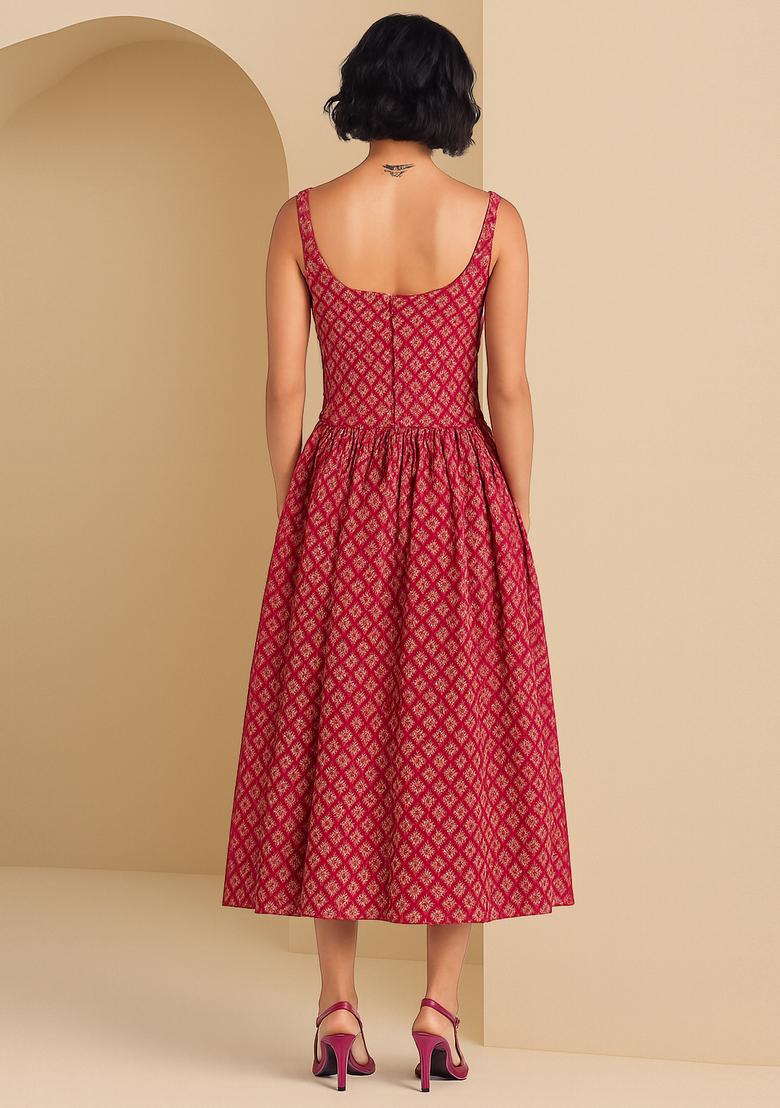 Hot Pink Embroidered Brocade Dress - Indya