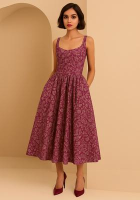 Wine Embroidered Brocade Dress