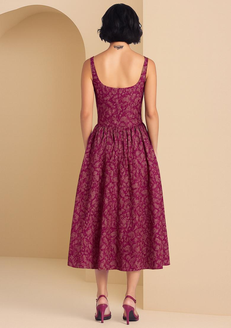Wine Embroidered Brocade Dress - Indya