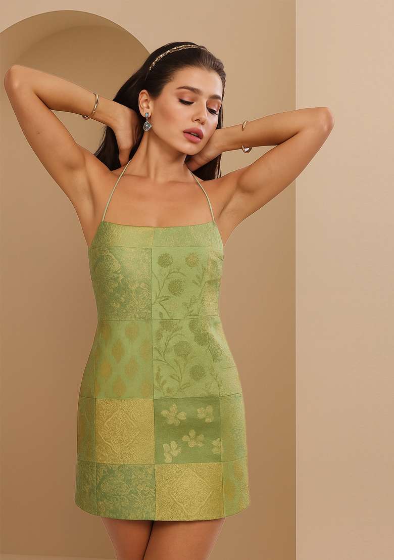 Green Embroidered Brocade Dress for Diwali and Festive Wear - Indya