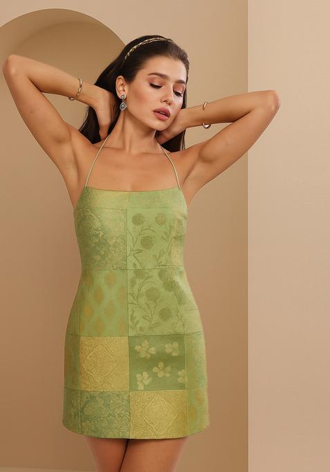 Green Embroidered Brocade Dress