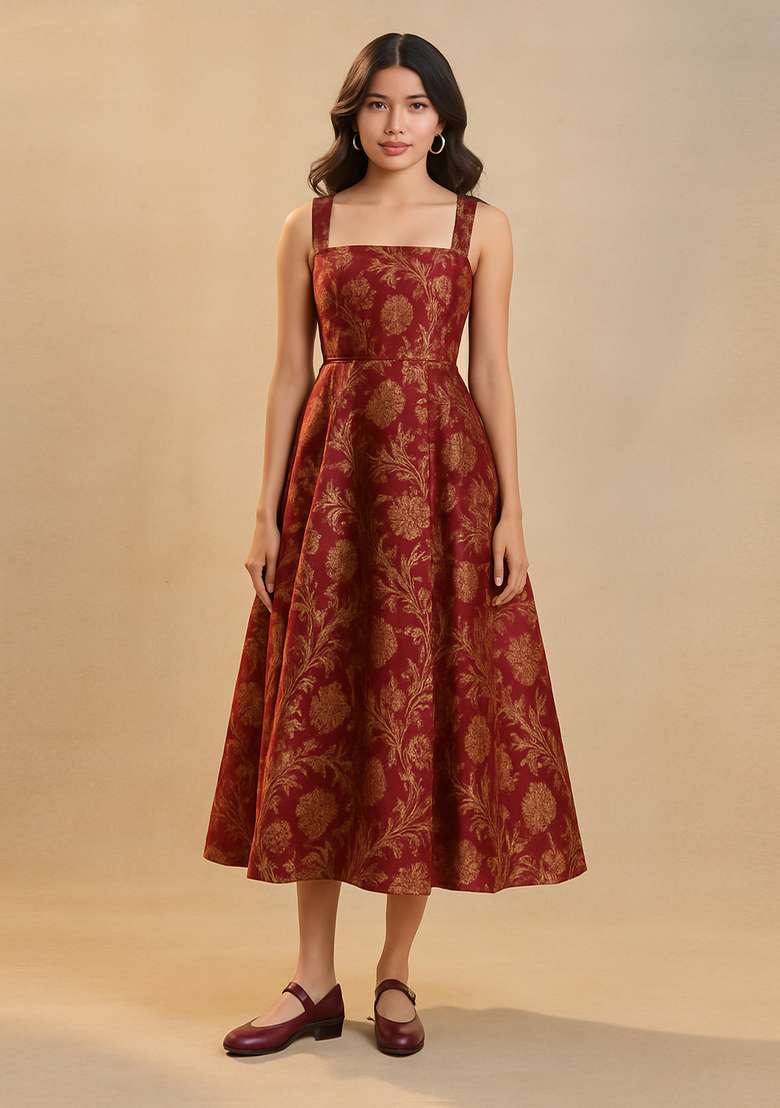 Maroon Brocade Dress for Diwali and Festive Wear - Indya