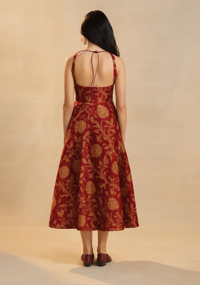 Maroon Brocade Dress - Indya