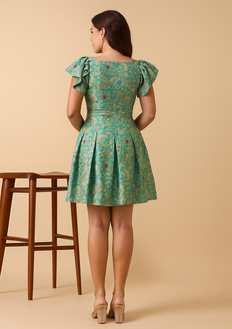 Pista Green Embroidered Brocade Dress - Indya