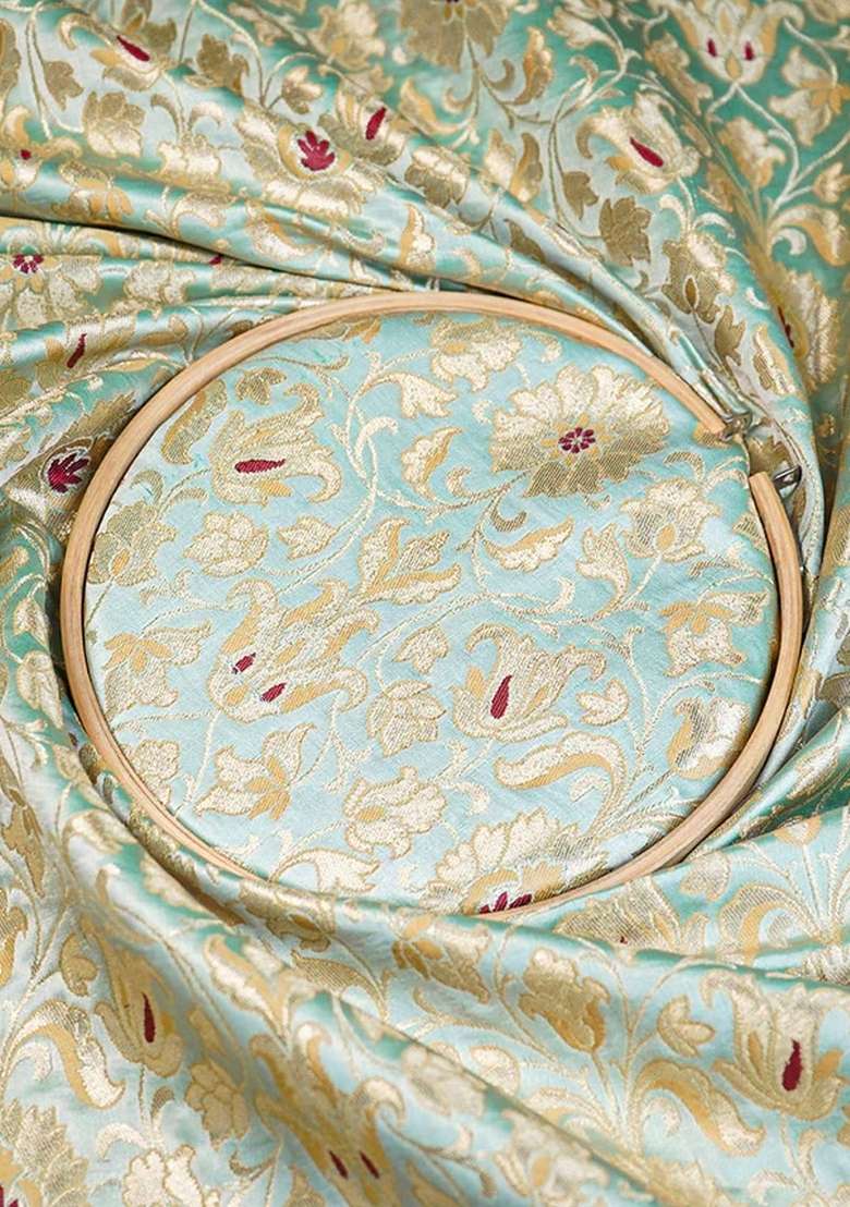Pista Green Embroidered Brocade Dress - Indya
