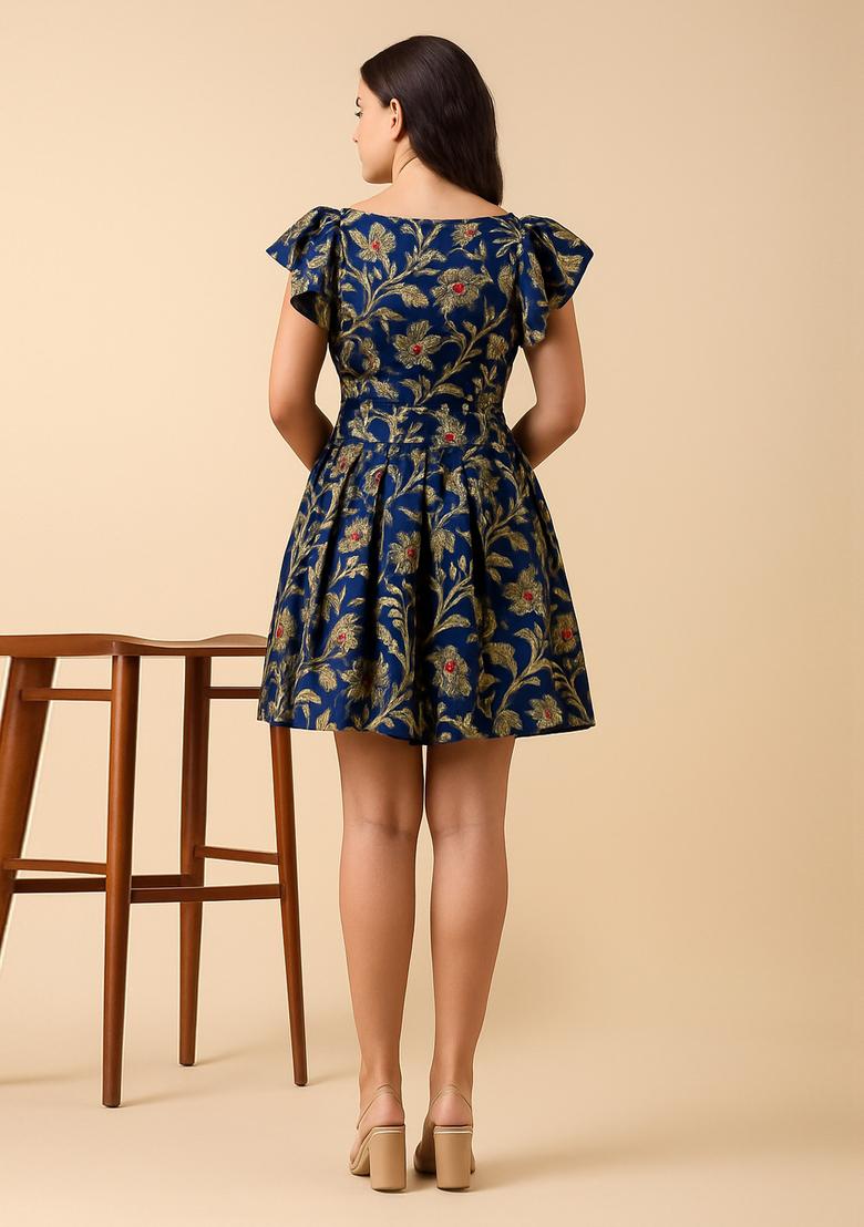 Navy Blue Embroidered Brocade Dress - Indya