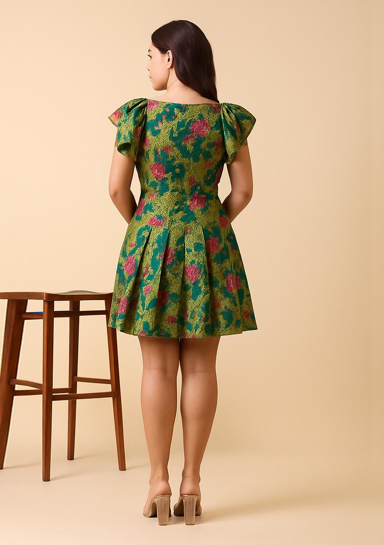 Green Embroidered Brocade Dress - Indya