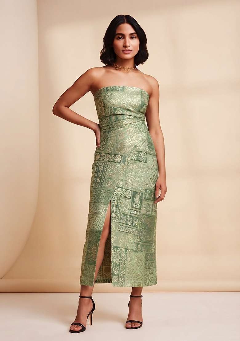 Green Embroidered Brocade Dress - Indya