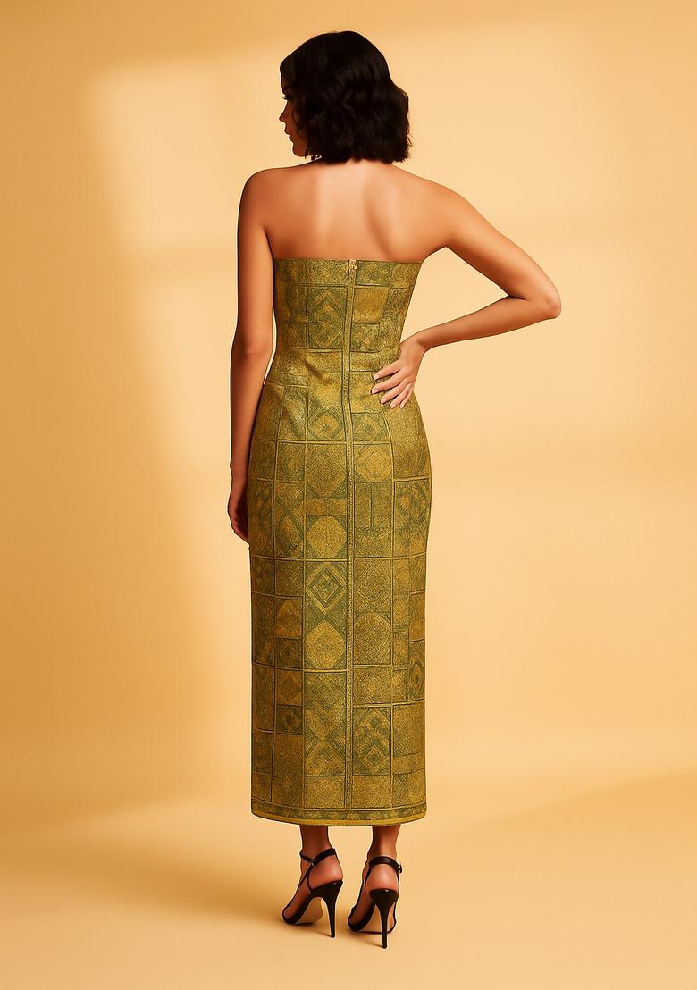 Green Embroidered Brocade Dress - Indya