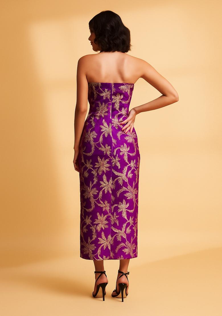 Purple Embroidered Brocade Dress - Indya