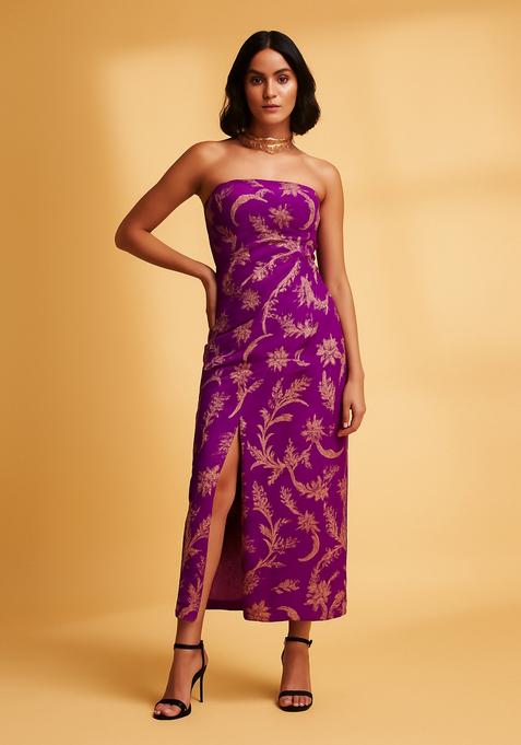 Purple Embroidered Brocade Dress