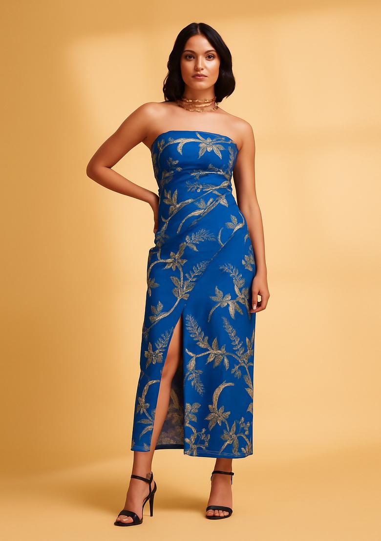 Blue Embroidered Brocade Dress