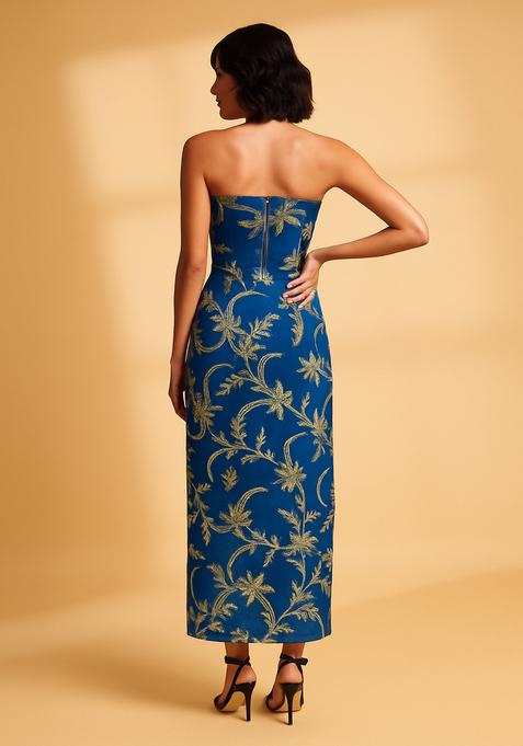 Blue Embroidered Brocade Dress