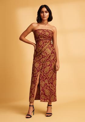 Burgandy Embroidered Brocade Dress