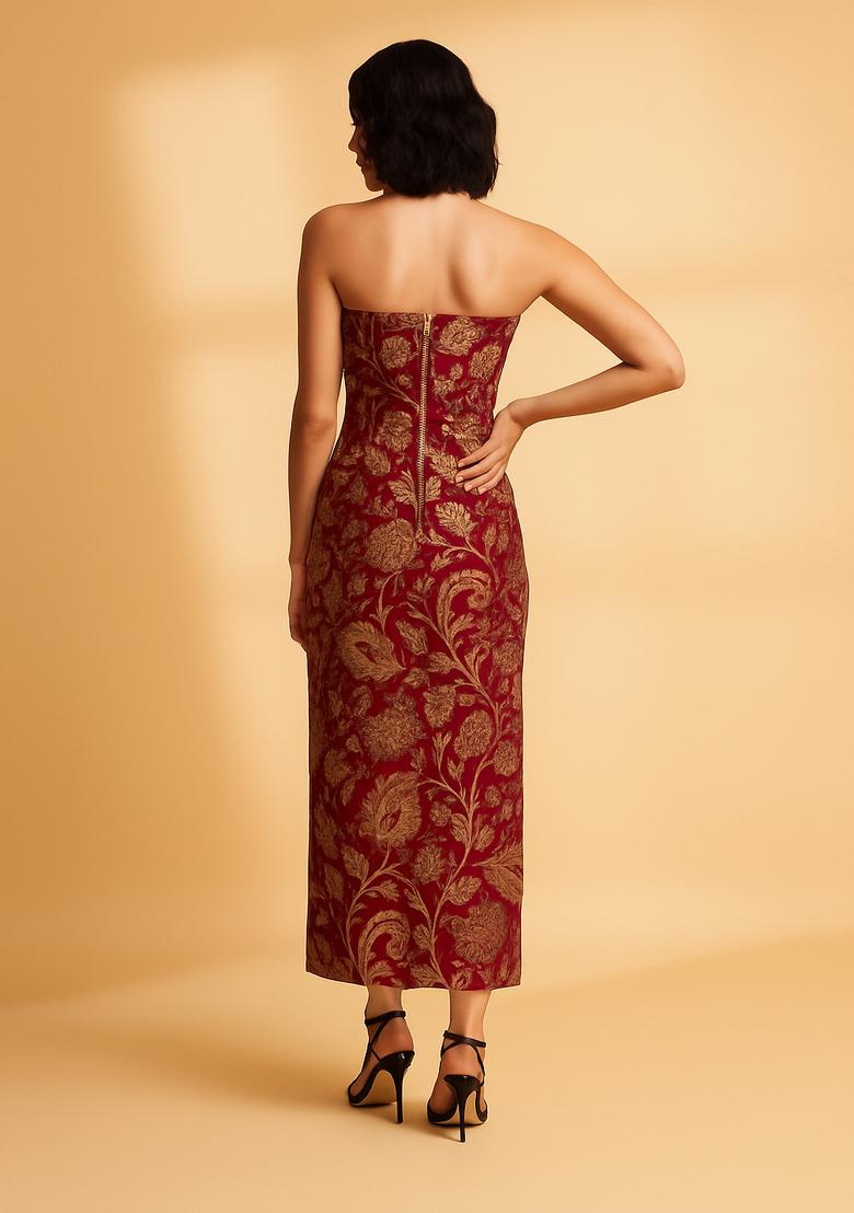 Burgandy Embroidered Brocade Dress - Indya