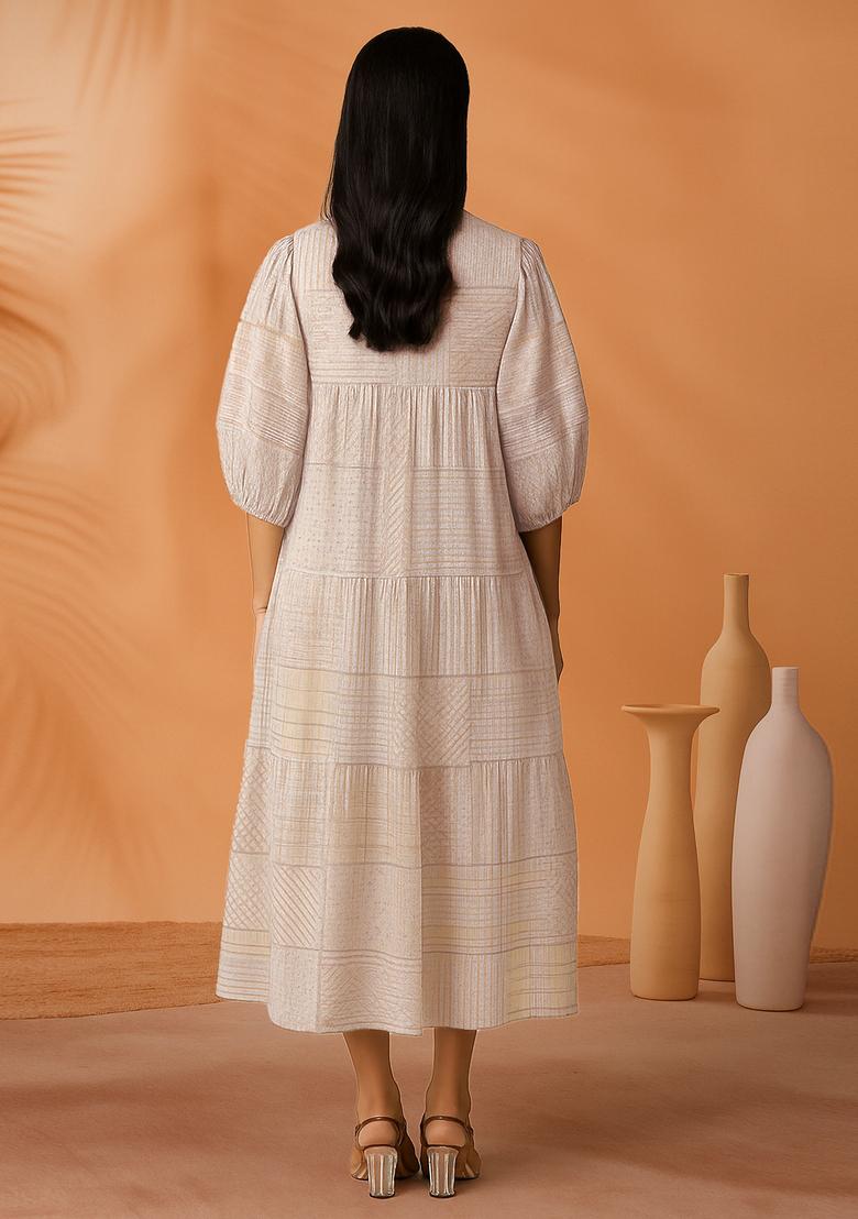 White Printed Chanderi Dress - Indya