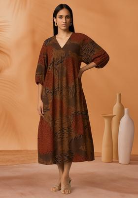 Brown Printed Chanderi Dress