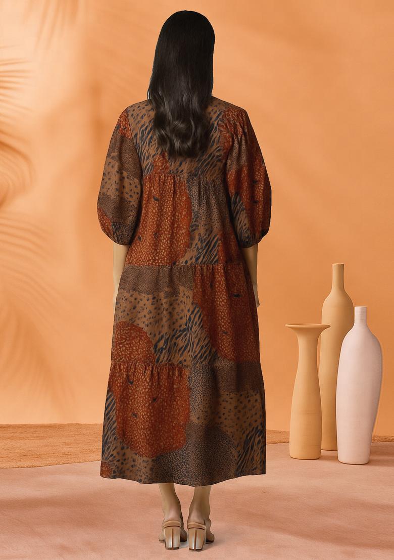Brown Printed Chanderi Dress - Indya