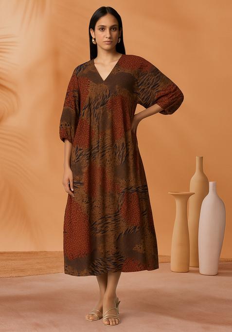 Brown Printed Chanderi Dress