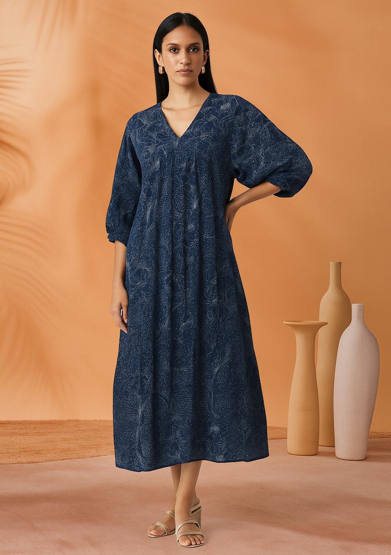 Blue Printed Chanderi Dress
