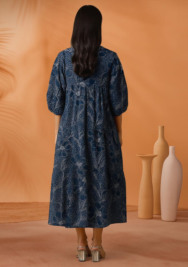 Blue Printed Chanderi Dress - Indya