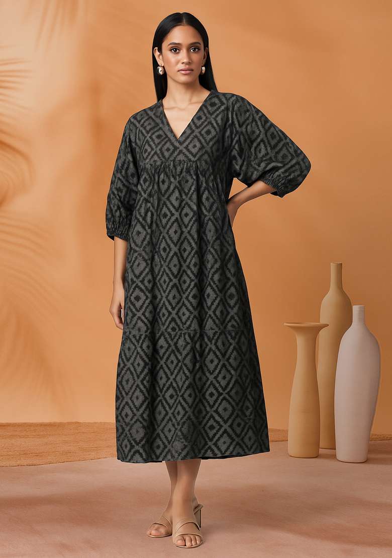 Grey Printed Chanderi Dress - Indya