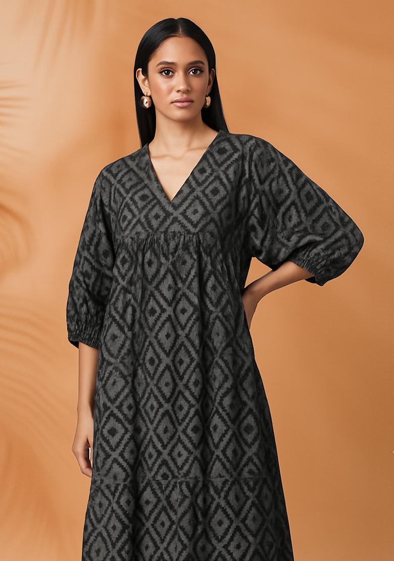 Grey Printed Chanderi Dress - Indya