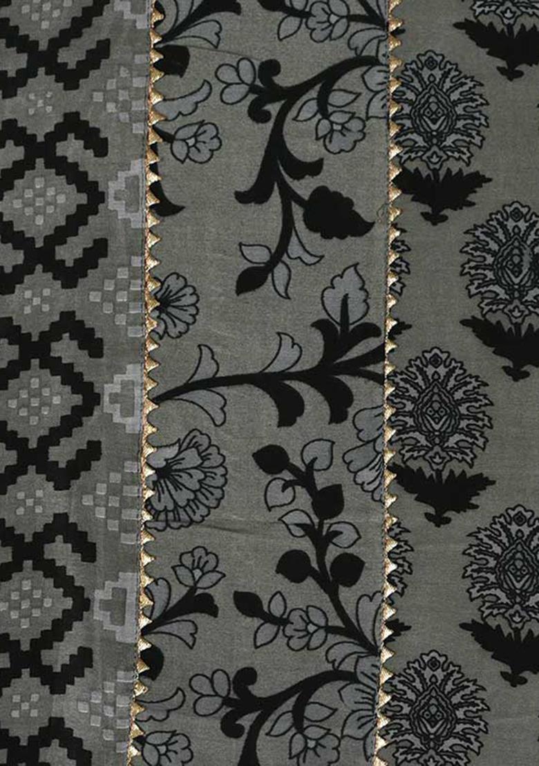 Grey Printed Chanderi Dress - Indya